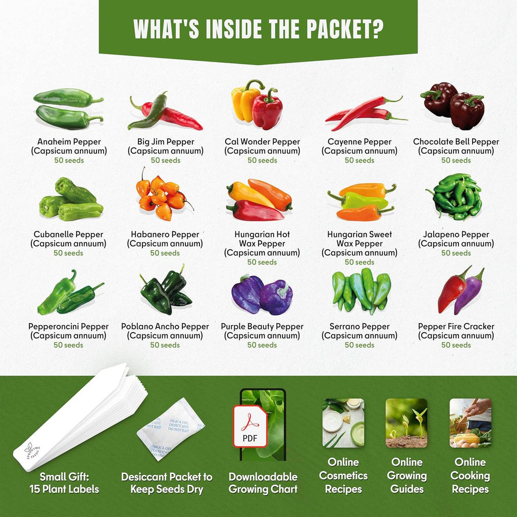 Variety pack. 15 varieties of Sweet & Hot Pepper seeds.