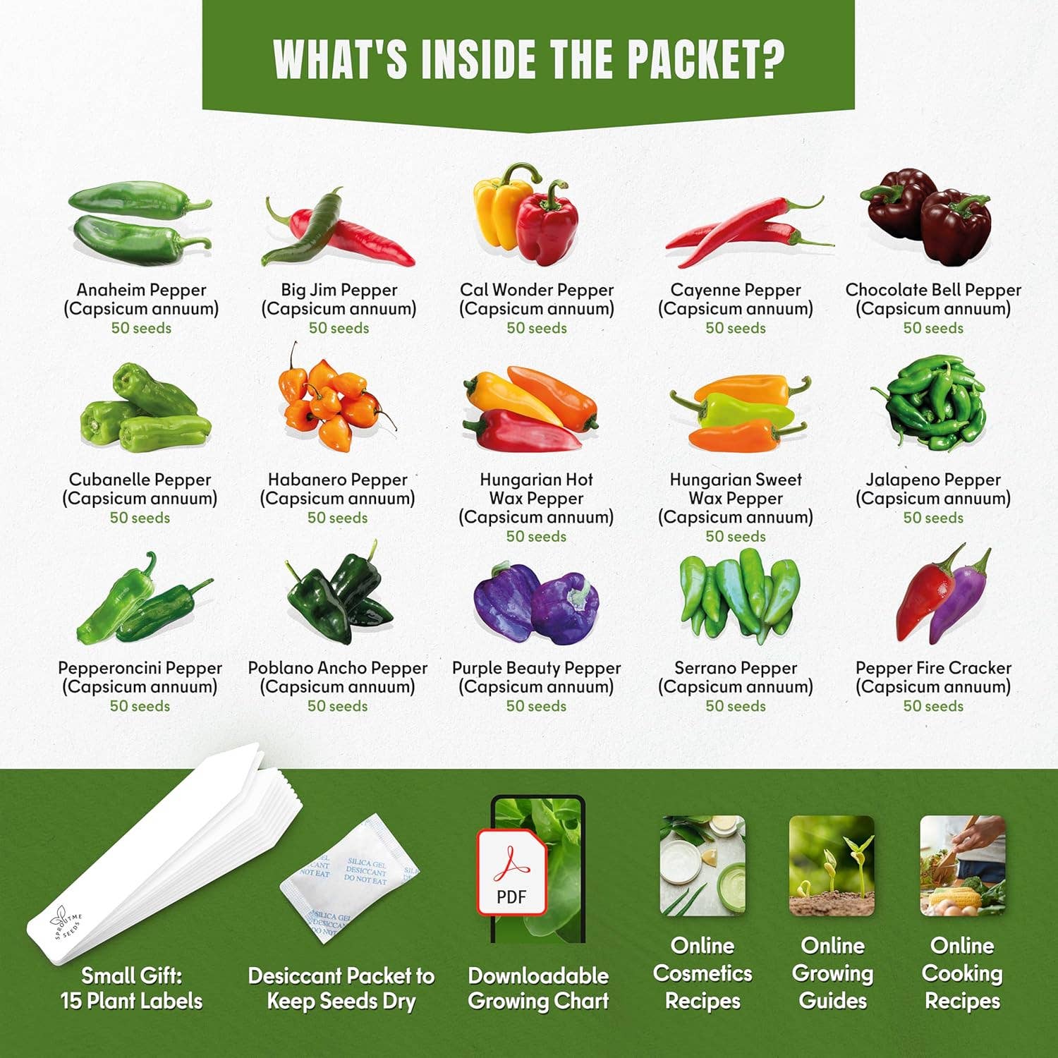 Variety pack. 15 varieties of Sweet & Hot Pepper seeds.