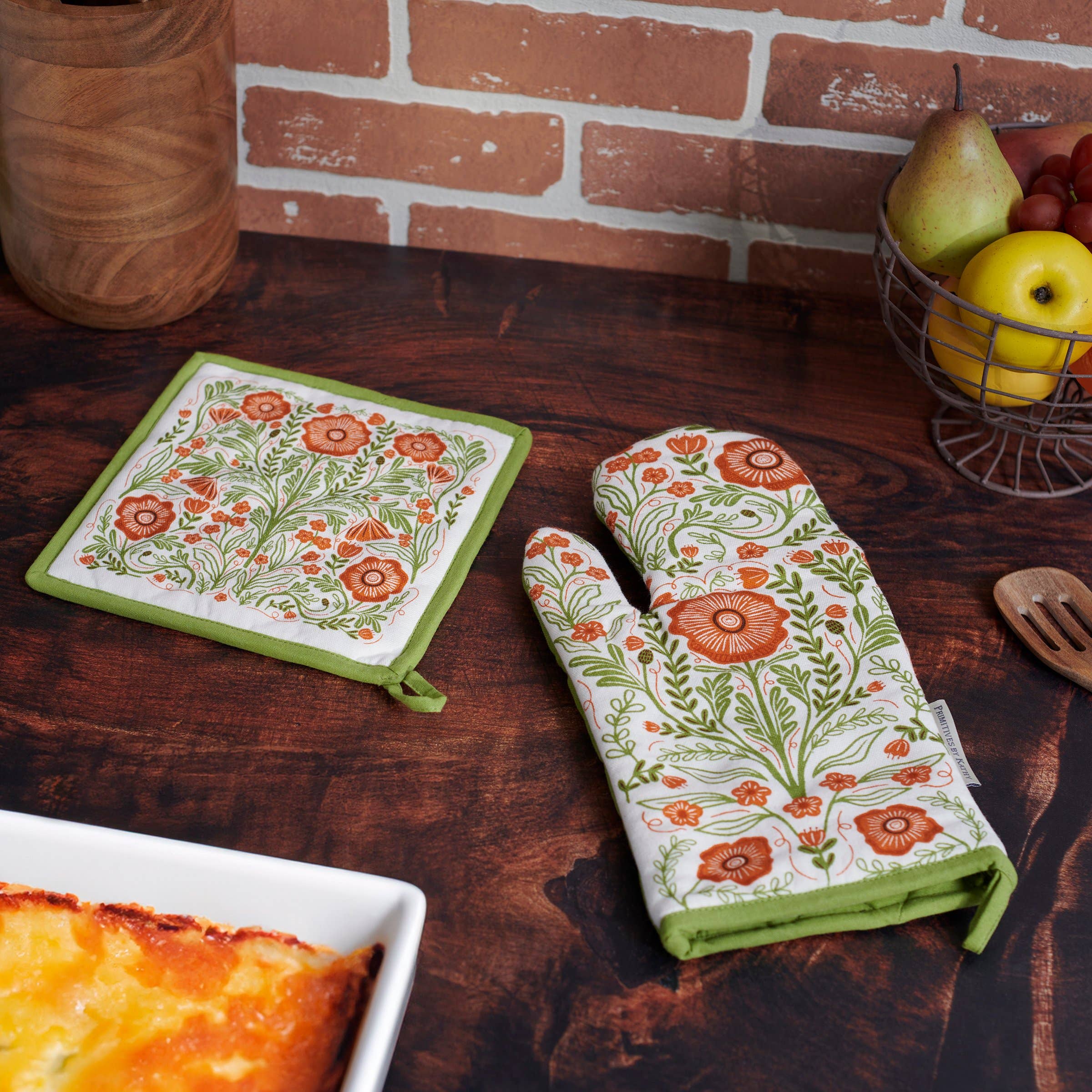 Folk Art Poppies Kitchen Set – Oven Mitt and Hot Pad with Rustic Floral Design