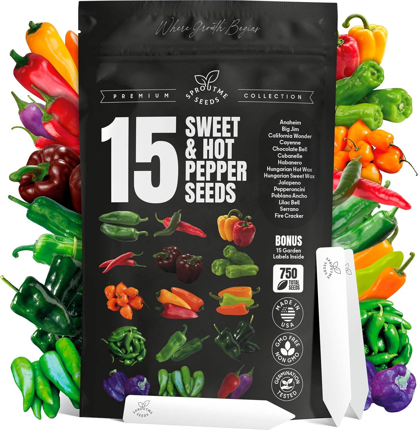 Variety pack. 15 varieties of Sweet & Hot Pepper seeds.