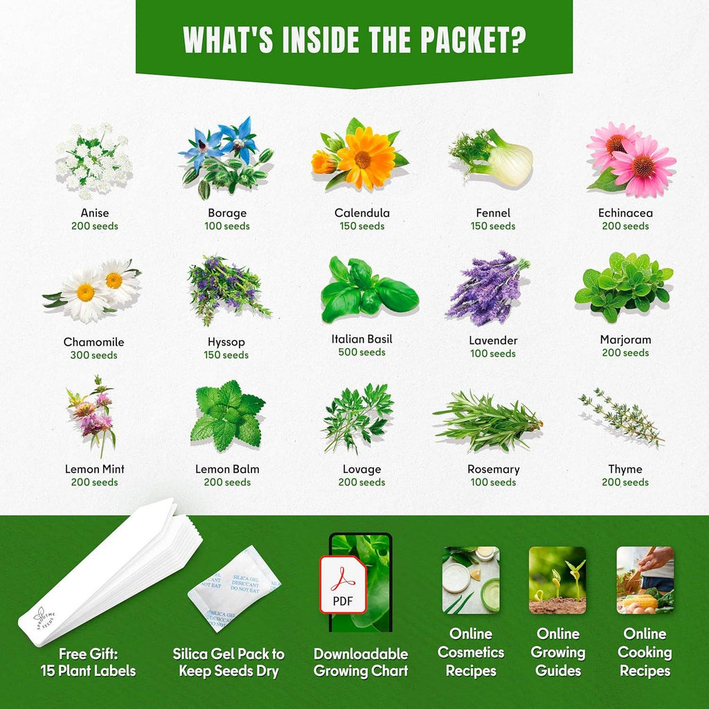 15 Medicinal & Herbal Tea Seeds Variety Pack Home Garden Kit Plant Markers