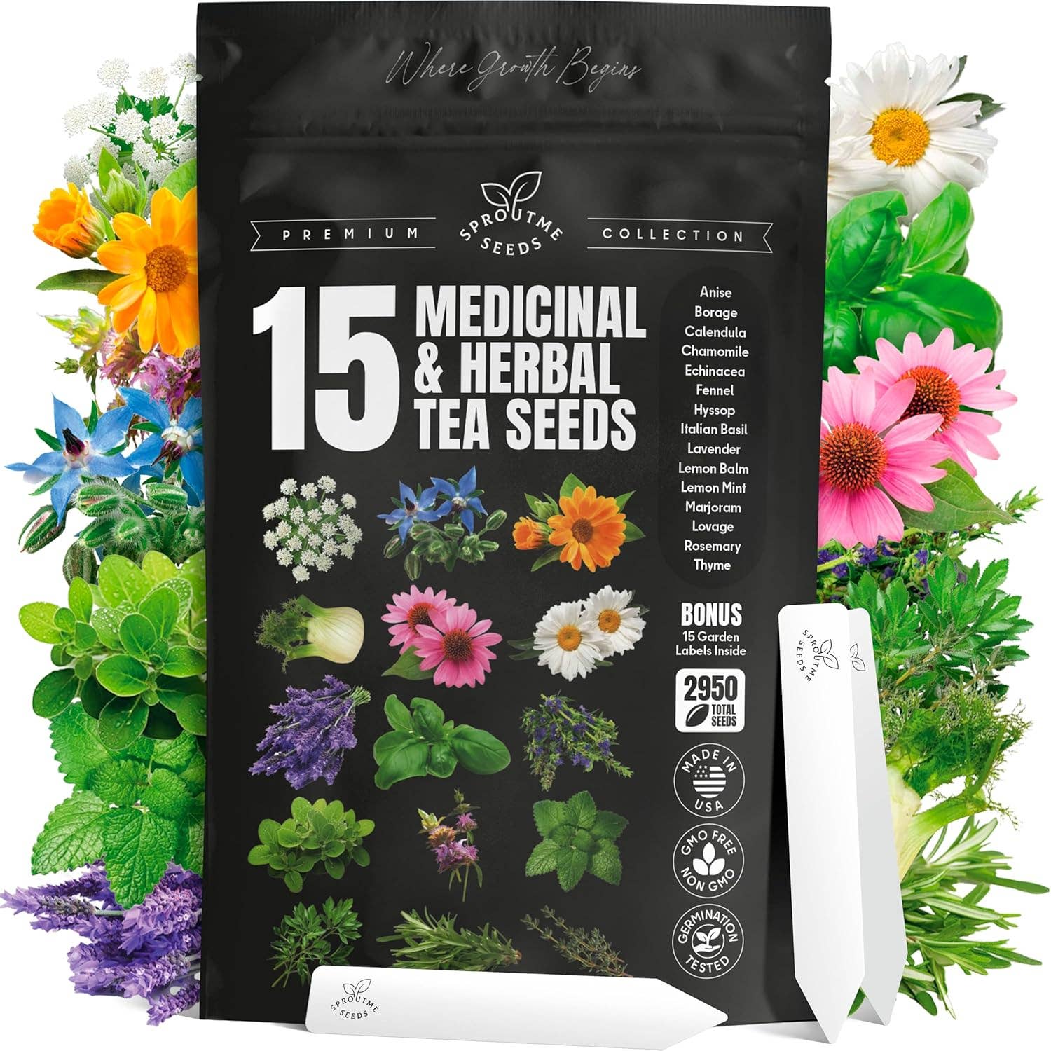 15 Medicinal & Herbal Tea Seeds Variety Pack Home Garden Kit Plant Markers