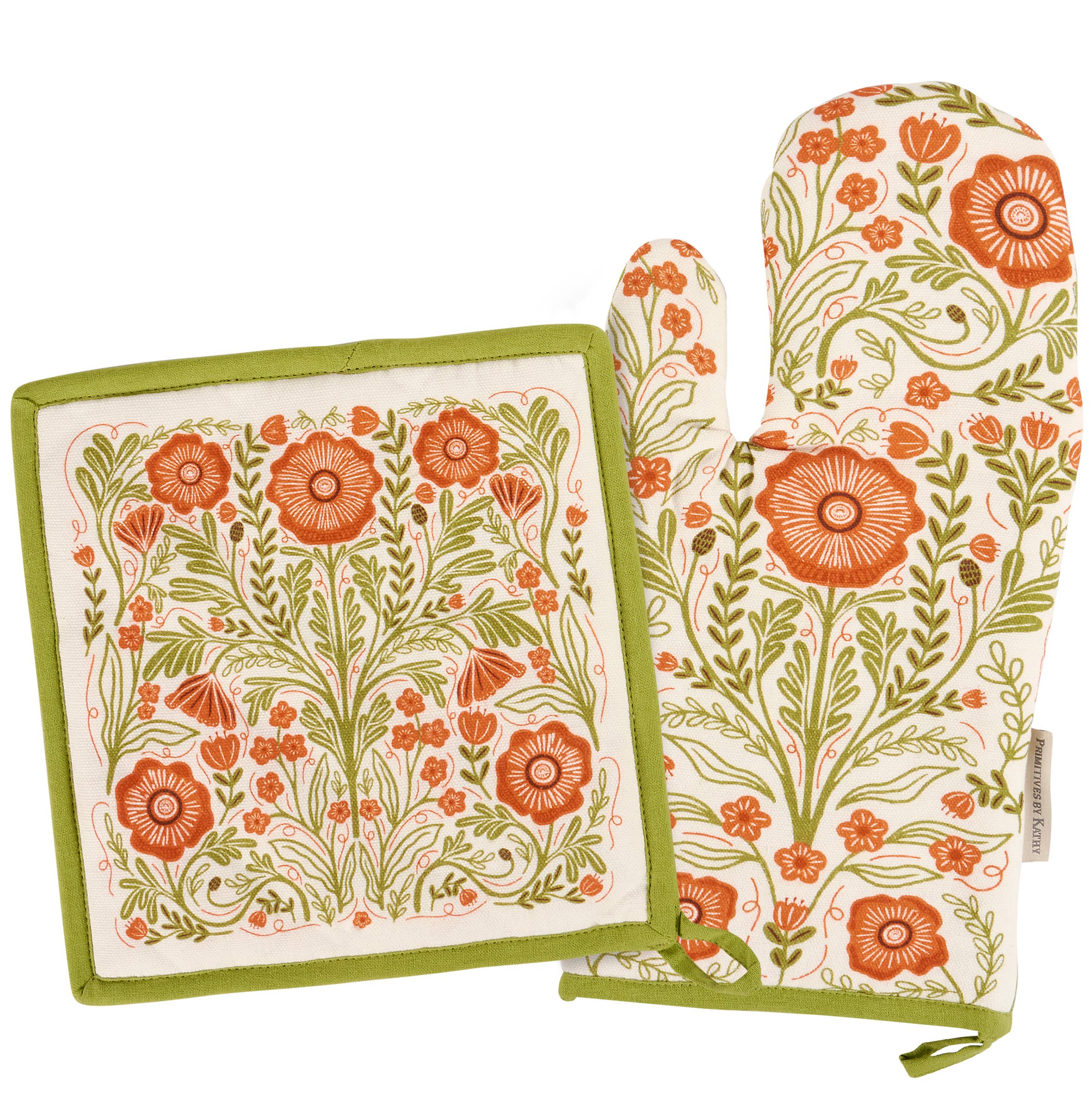 Folk Art Poppies Kitchen Set – Oven Mitt and Hot Pad with Rustic Floral Design