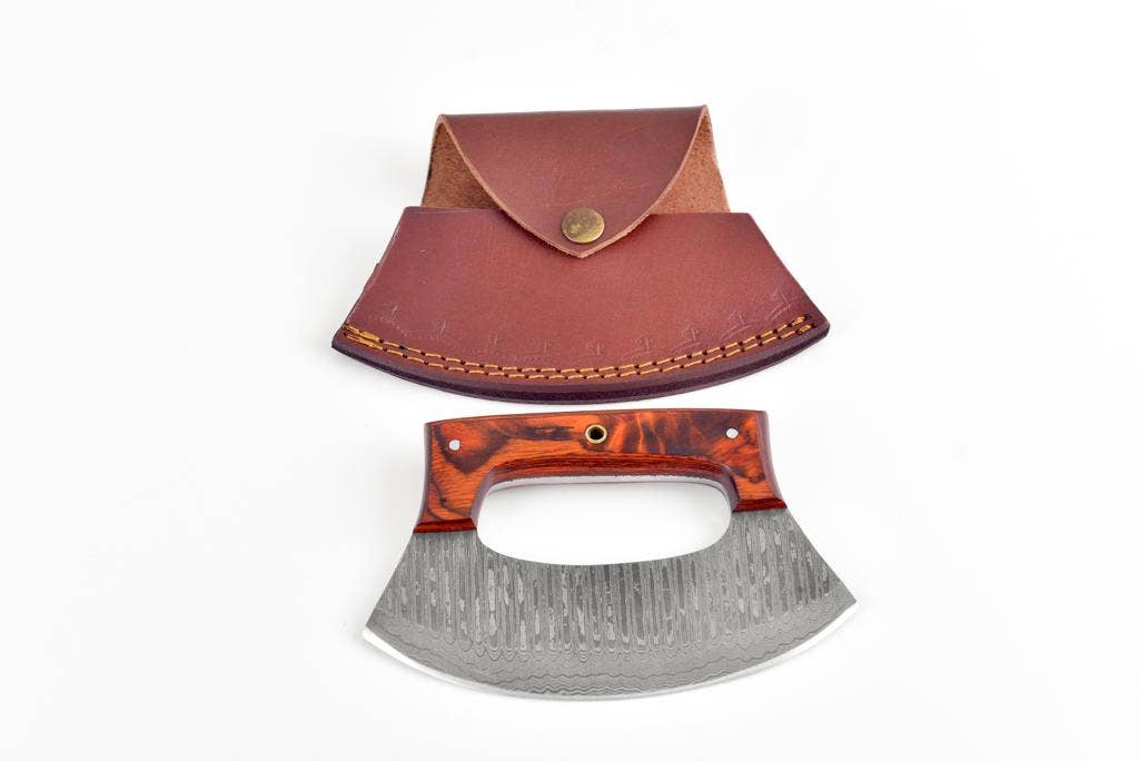 Alaskan Ulu Knife – 7 Inch Damascus Steel Blade with Diamond Wood Handle