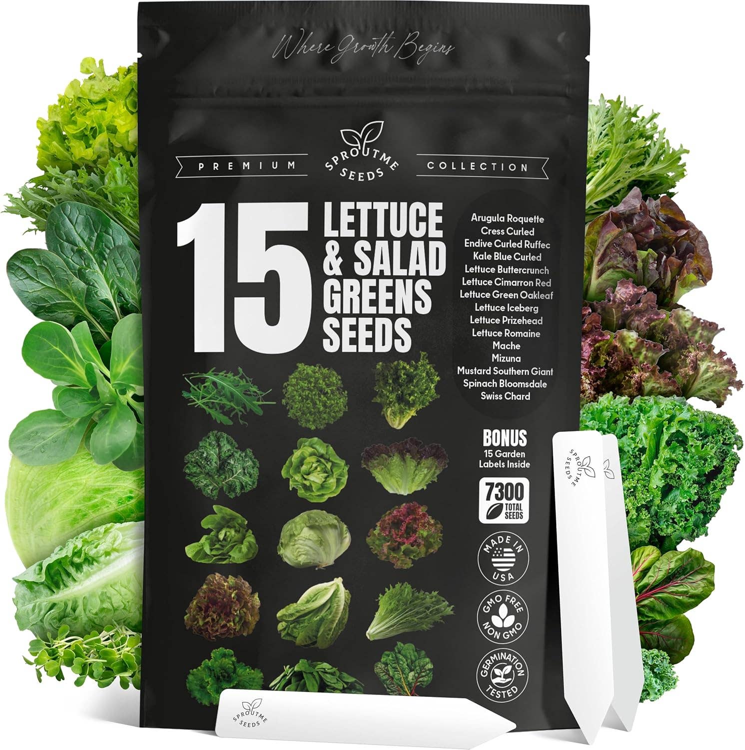 15 Lettuce & Salad Greens Seeds Variety Pack - Lettuce Garden Starter Kit with Plant Labels