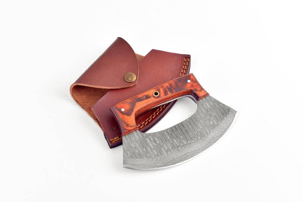 Alaskan Ulu Knife – 7 Inch Damascus Steel Blade with Diamond Wood Handle